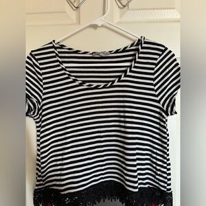 Charlotte Russe Black and White Striped Top with Lace Hem